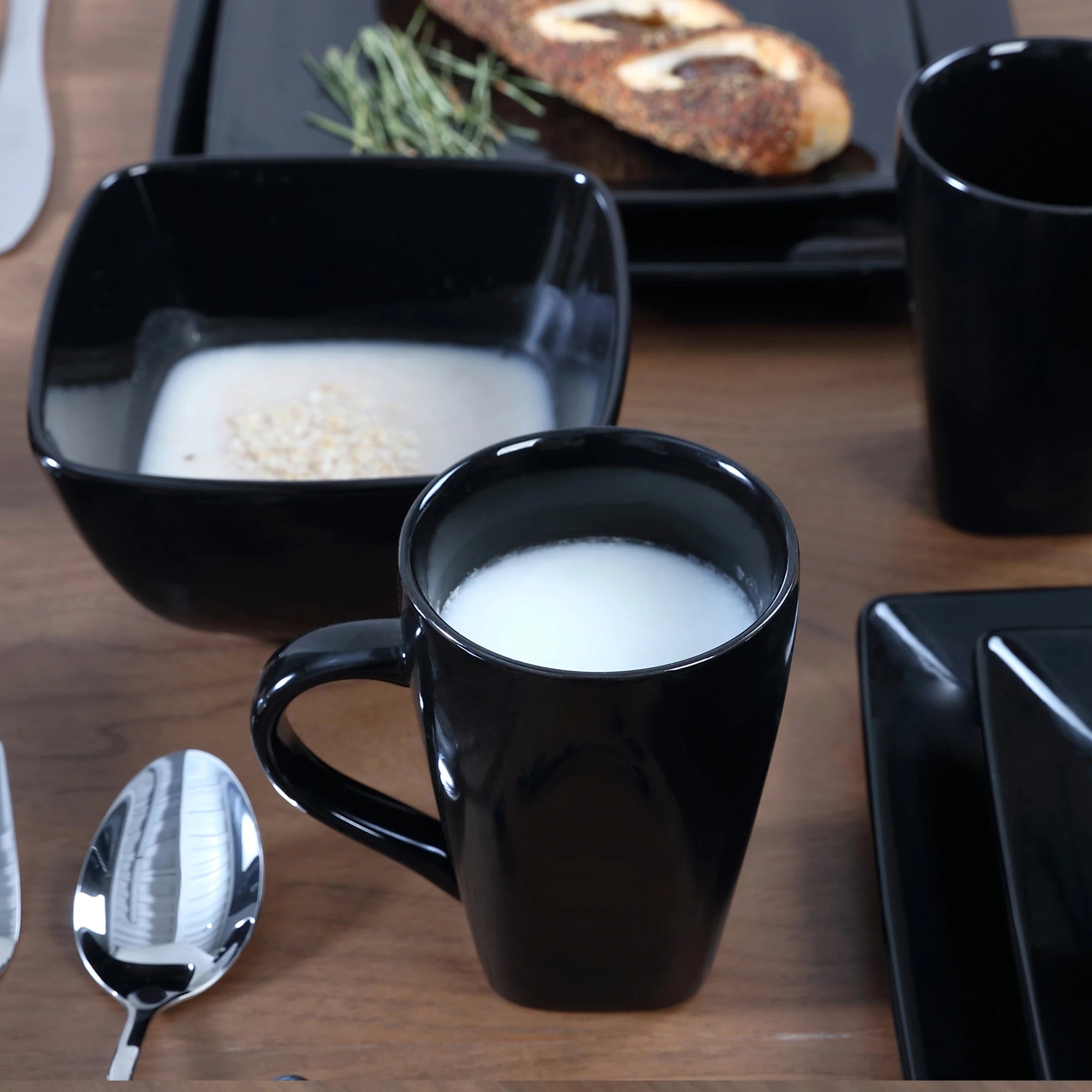 Michelle Black Ceramic Porcelain Square Dinnerware Set