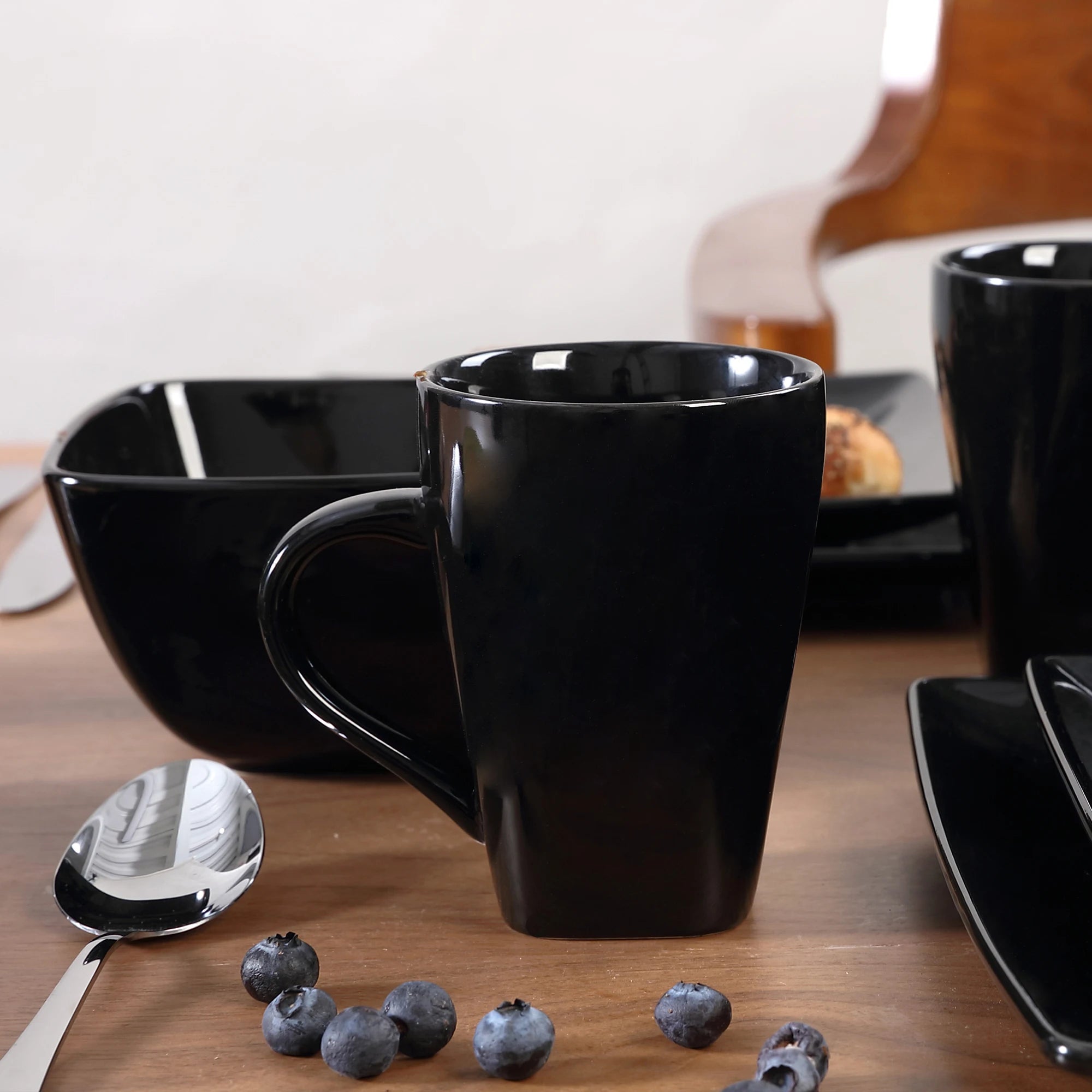Michelle Black Ceramic Porcelain Square Dinnerware Set